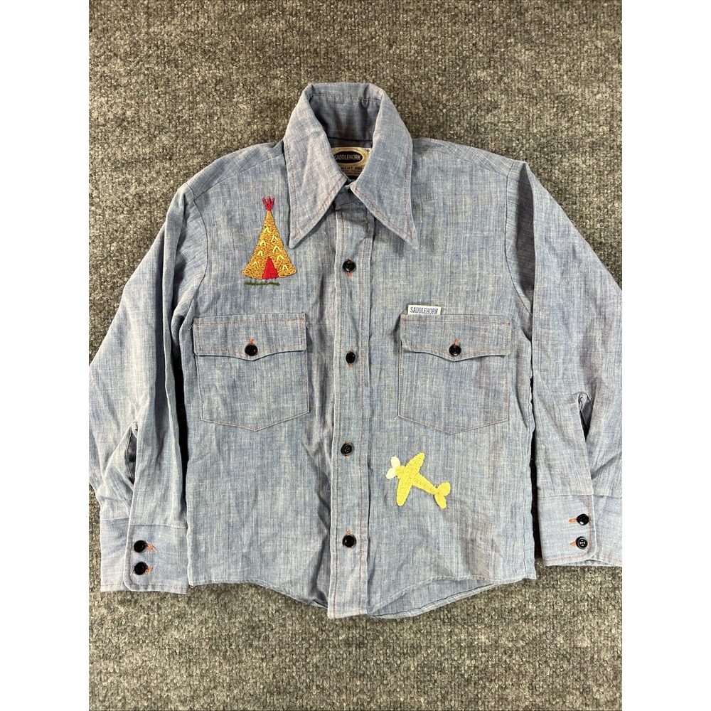 VTG 70s/80s Saddlehorn Kids Embroidered Chambray Shirt Size 8 Scout Camp